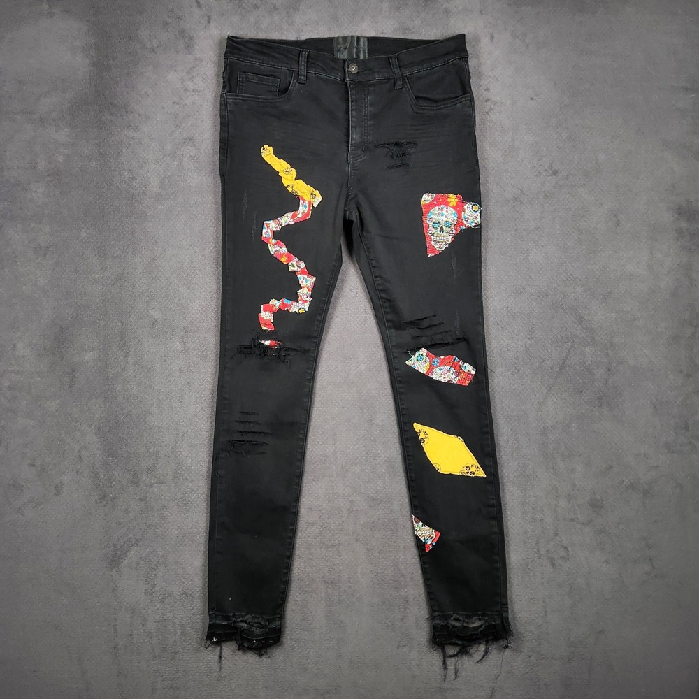Valabasas Distressed Jeans Mens 36 Black Sugar Skull Patchwork Skinny Button Fly